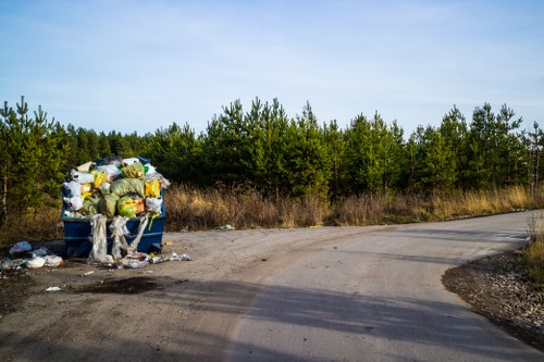 A large blue dumpster positioned on a dirt verge beside a rural road, overflowing with various waste materials including green and black rubbish bags, cardboard boxes, and loose debris, with some trash spilling onto the ground. The scene is set against a backdrop of dense greenery, consisting of pine trees and bushes, under a partly cloudy sky. The area appears to be an informal waste dumping site, with the surrounding environment indicating a countryside location outside Camden Town, suggesting a need for professional rubbish removal services. The scene is illuminated by natural daylight, highlighting the textures of the discarded waste and the natural landscape around the roadside, illustrating the importance of proper waste management and disposal in such environments or rural outskirts.